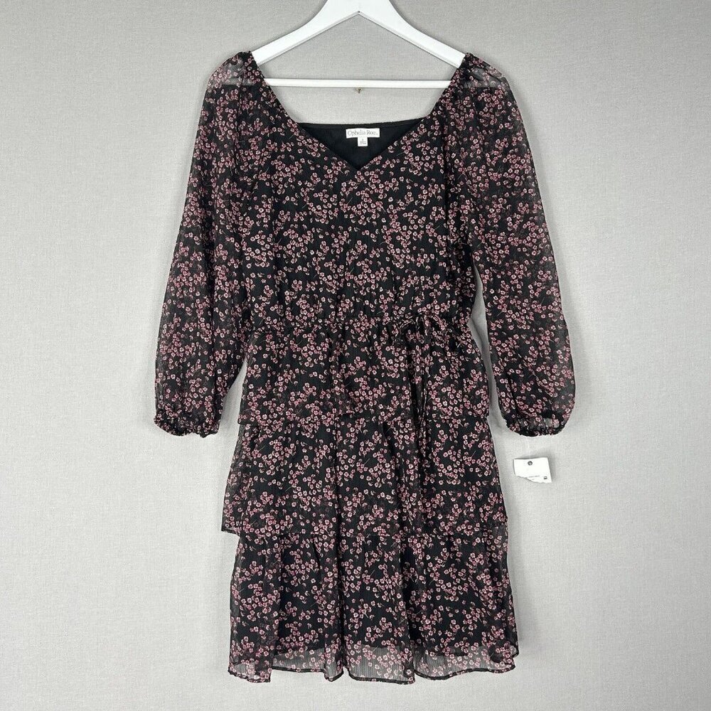 Ophelia Roe Womens Dress Small Black Tiered Ruffle Babydoll Floral Feminine Boho